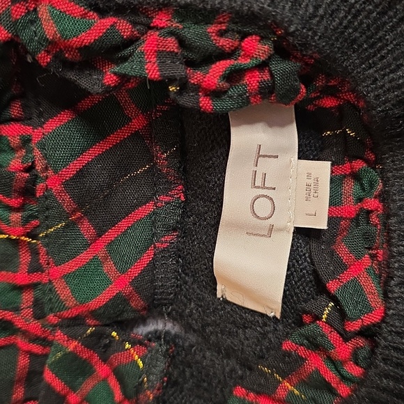 Loft Black red green gold Plaid Layered Mixed Media Cable Sweater keyhole size L - Picture 3 of 12